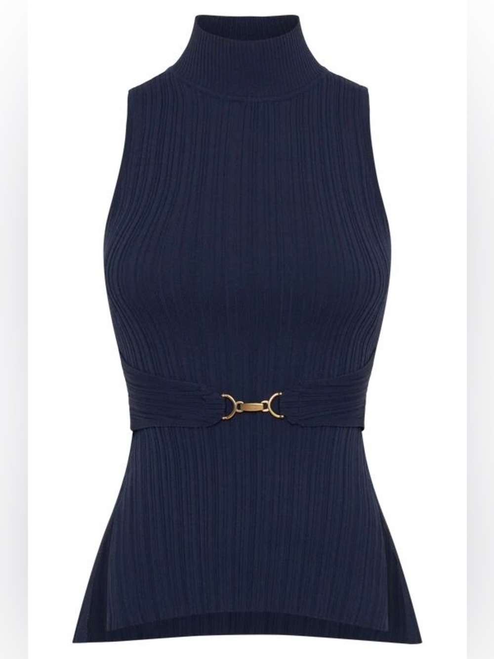 Meshki Navy Ribbed Halter Top with Gold Accent Ring - Picture 1 of 3